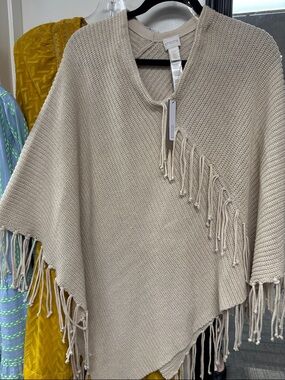 Chico's Cream Knit Fringe Poncho